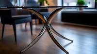 Modern chrome crossed table base with elegant curved legs on wooden floor in contemporary dining room interior, selective focus on metal furniture detail.