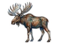 Moose with ornate antlers and decorative body patterns in brown and metallic tones, isolated on white background, ready for design use.