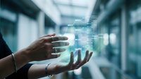 Business professional hands presenting holographic data visualization with digital charts and analytics in modern office environment for technology presentations.