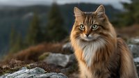 Majestic long-haired tabby cat with intense gaze sitting on rocky mountain terrain against blurred forest background. Perfect for wildlife and pet photography.