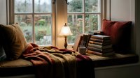 Cozy window seat with stacked books, warm blanket, and lamp creating a peaceful reading nook for relaxation and literature enjoyment.