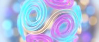 Abstract holographic swirls in cyan and magenta creating mesmerizing spiral patterns with iridescent rainbow gradients and soft bokeh lighting effects.