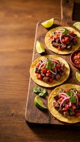 Authentic street-style tacos with seasoned beef, fresh cilantro, diced tomatoes, and pink onions on corn tortillas, served on rustic wooden board with lime wedges.