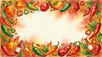 Colorful hand-drawn peppers and chili frame with watercolor splashes on cream background, ideal for food packaging, recipe cards, and culinary designs.