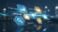 Digital technology interface with hexagonal icons displaying analytics charts, security shields, and data visualization elements on futuristic blue background.