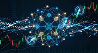 Digital network connections with glowing nodes and financial trading charts showing market data analysis and cryptocurrency blockchain technology concepts.