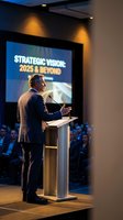 Professional businessman delivering strategic vision presentation at corporate conference with audience and projection screen in modern venue.
