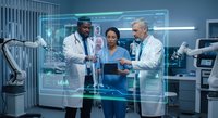 Medical team analyzing holographic data in futuristic healthcare facility with advanced technology and digital interfaces for patient care innovation.