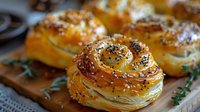 Freshly baked spiral puff pastry rolls topped with black sesame seeds and herbs on wooden cutting board, golden brown with flaky layers and crispy texture.