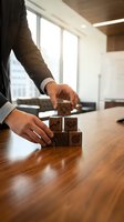 Businessman building wooden blocks with business icons on office desk representing strategic planning and goal achievement in corporate environment.