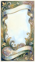 Watercolor art nouveau ornate frame with golden scrolls, floral swirls, and ribbon banners in soft pastel tones, isolated on white background.