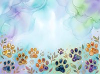 Colorful paw prints and botanical elements on watercolor background, suitable for pet-related designs, greeting cards, and animal-themed artwork.
