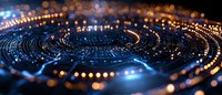Abstract circular pattern of glowing blue lights and golden bokeh on dark background creates futuristic technological atmosphere for digital concepts and innovations.