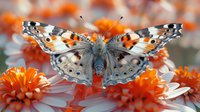 Painted Lady butterfly with open wings resting on vibrant orange flowers in garden setting, showcasing detailed wing pattern and natural habitat.