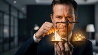 Confident middle-aged Caucasian male lawyer in suit holding glowing scales of justice, symbolizing law, balance, and legal decision-making in a dark office.
