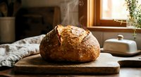Freshly baked artisan sourdough bread loaf on wooden cutting board in cozy kitchen with warm natural sunlight streaming through window.