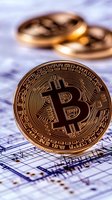 Golden cryptocurrency coin on financial chart background showing market analysis and trading data. Digital money concept for finance articles.