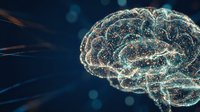 Digital brain network with glowing neural connections and data points on dark blue background for artificial intelligence and technology concepts.