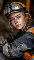 Young female industrial worker in protective helmet and goggles, wearing orange safety vest and work uniform, with striking blue eyes and determined expression.