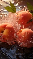 Fresh ripe peaches with green leaves splashing in water with ice cubes, dramatic lighting creates appetizing mood for food and beverage advertising.