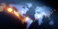 Financial market candlestick graph chart with world map silhouette in background showing global trading data and stock exchange analysis.