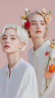 Two young blonde women in white shirts with colorful flowers on pink background for beauty and fashion campaigns.