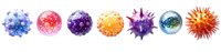 Watercolor virus cells in vibrant colors of blue, red, purple, orange and yellow on white background, isolated scientific illustration for medical and educational design.