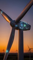 Smart wind turbine with digital connectivity icons at sunset showcasing renewable energy technology and IoT integration for sustainable power generation.