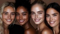 Diverse group of smiling young women with natural makeup and glowing skin posing together against brown background, representing beauty and inclusivity in cosmetics industry.