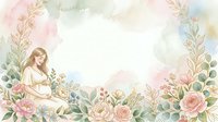 Pregnant woman with long hair surrounded by blooming roses, peonies, and botanical foliage in soft watercolor style with pastel pink, green, and blue tones. Isolated on white background for design use.
