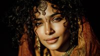 Young Middle Eastern woman with curly hair wearing traditional golden jewelry and ornate headpiece against dark background for fashion portrait.