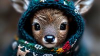 Baby deer in knitted winter scarf, close up portrait showing big brown eyes and cute nose. Adorable wildlife photography with bokeh background and cozy holiday mood.