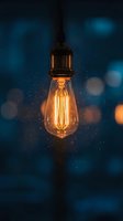 Vintage Edison bulb glowing with warm amber light against dark blue bokeh background, ideal for energy, innovation, ideas, creativity, and sustainability concepts.