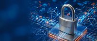 Cybersecurity padlock protecting digital network connections with glowing data streams and geometric patterns on blue technology background.