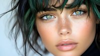 Young woman with green hair, freckles and striking blue eyes in close-up portrait against light background. Natural makeup and messy bangs create fresh modern look.