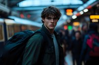 Young Caucasian male student with backpack in dark green coat walking through subway station at dusk, moody cinematic lighting creates dramatic urban atmosphere.