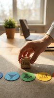 Business professional hand placing wooden cube with LEADS text above colorful marketing funnel icons on office desk for sales strategy concepts.