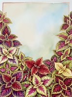 Colorful foliage border with variegated leaves in shades of magenta, burgundy, and gold frames a soft watercolor sky background. Suitable for greeting cards and stationery design.