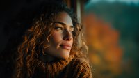 Young mixed-race woman with curly hair in cozy sweater smiling warmly indoors with soft natural lighting and bokeh background for lifestyle content.