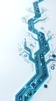 Circuit board pathway with flowing blue technology lines, gears, and digital nodes representing data flow, connectivity, and innovation for tech industry applications.