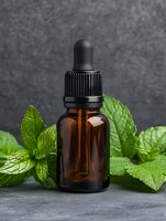 Amber glass dropper bottle with essential oil or herbal extract surrounded by fresh green mint leaves on gray textured surface for wellness and aromatherapy product packaging.