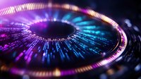 Futuristic circular data visualization with radiating light beams in purple and blue neon colors creating dynamic spiral pattern on dark background. Technology concept.