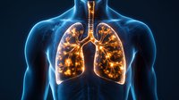Glowing human lungs visualization in blue body silhouette showing detailed bronchi and respiratory system anatomy against dark background for medical education.