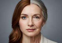 Conceptual portrait showing aging process with half young woman face and half elderly face against gray background, illustrating time passage.