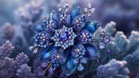 Magical blue crystal flower with delicate frost patterns and sparkling details in cool winter tones, featuring intricate petals and ethereal bokeh background.