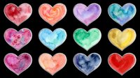 Watercolor hearts in vibrant gradient colors isolated on transparent background. Ready for t-shirt designs, clipart, stickers, sublimation, print-on-demand products and digital crafts.