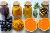 Natural supplements and antioxidant ingredients including turmeric powder, grape extract, herbal capsules and fresh butternut squash on white background for wellness concept.