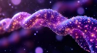 Glowing spiral DNA strand with purple and blue particles on dark background, genetic science concept with sparkles and bokeh effect for medical research.