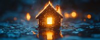 Glowing miniature house lantern with warm light in window creates magical atmosphere against dark blue background with water reflections and bokeh lights.