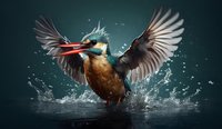 Dramatic kingfisher bird emerging from water with spread wings, water droplets splashing around as it catches prey against dark teal background.
